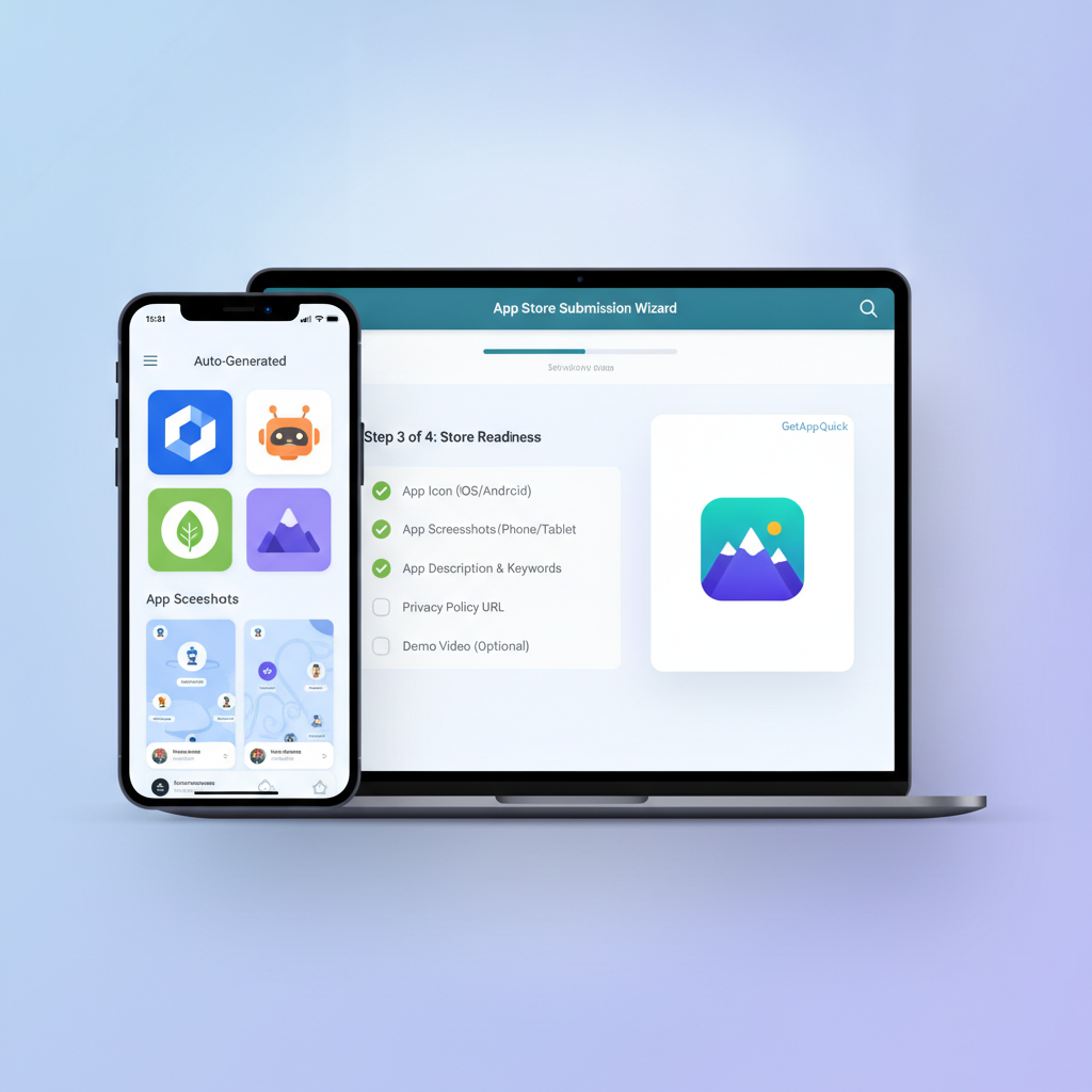 App Store submission wizard in GetAppQuick, showing generated app icons, screenshots, and a checklist for store readiness.