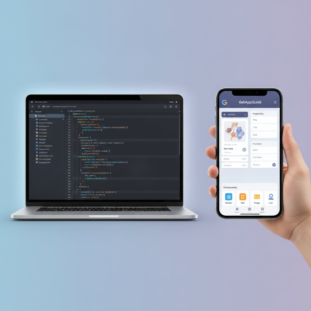 A side-by-side comparison of a React web app codebase and a Flutter mobile app being configured in GetAppQuick's builder interface.
