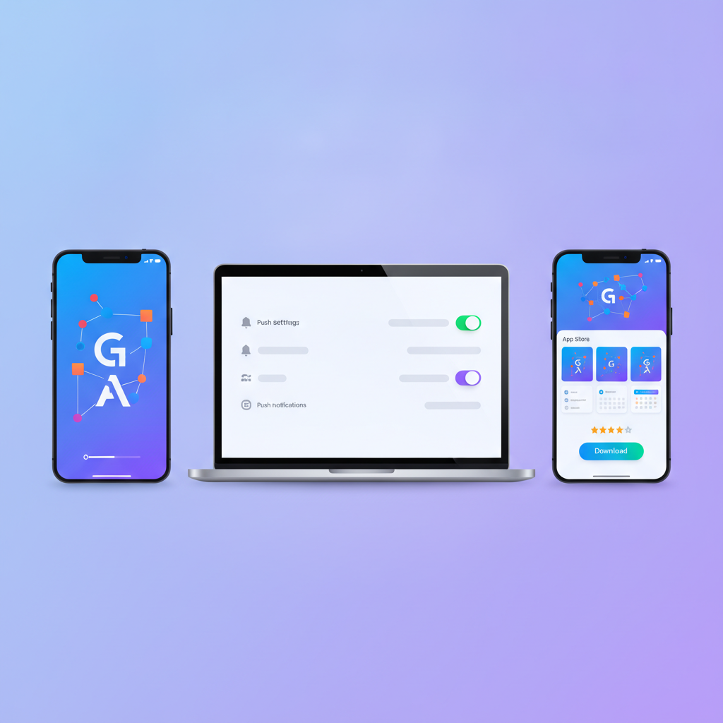 A mockup of an app's launch screen, settings page with push notification toggle, and app store listing preview—all generated from GetAppQuick's builder.