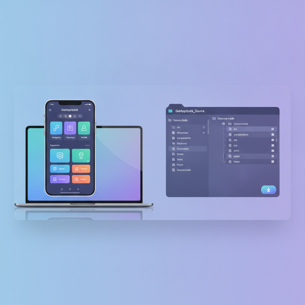 A split-screen UI showing GetAppQuick's app builder interface, with one side displaying visual app design and the other showing downloadable source code files.