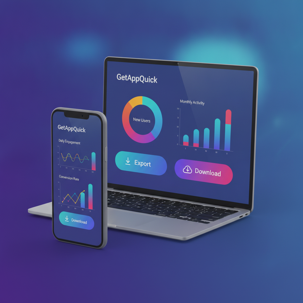An app dashboard screen built with GetAppQuick, showing user data charts and export/download buttons for administrators.