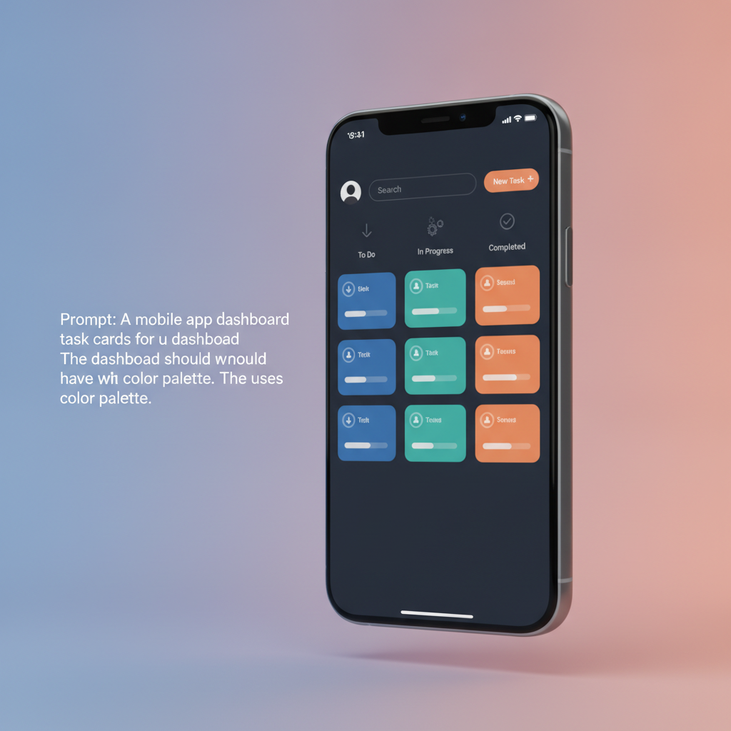 A split screen showing a natural language prompt on the left and a generated mobile app dashboard with task cards on the right.