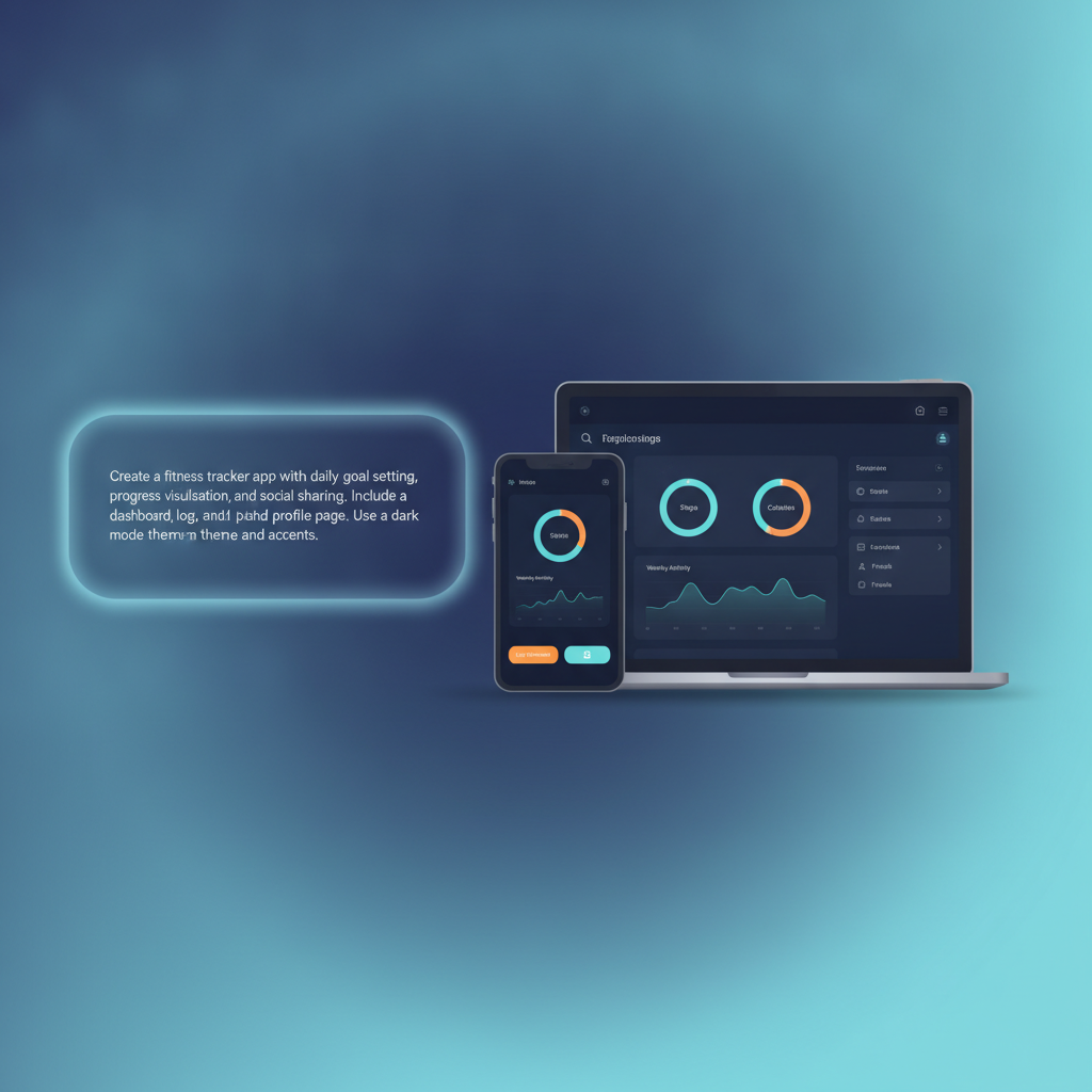 A mock-up of a web-based application builder interface, featuring a large text input area for prompts and a live preview pane showing a generated app screen.