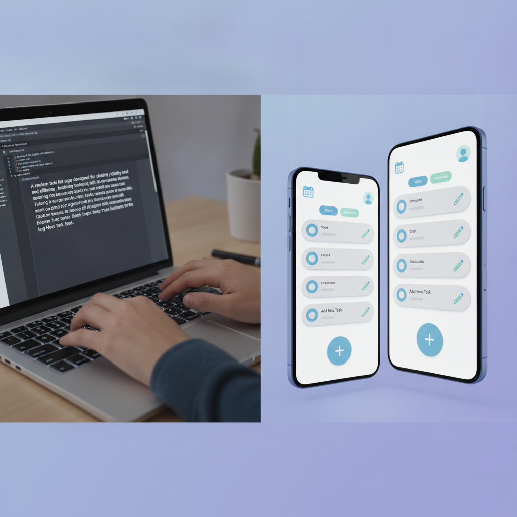 A split screen showing a user typing a description of a to-do list app on the left, and an AI-generated app interface with clean design elements and functional buttons on the right.