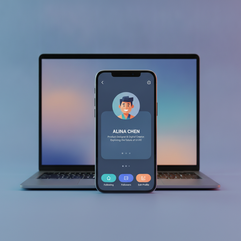 A clean Flutter app UI showing a user profile card with an image, name, and bio, generated from a natural language prompt.