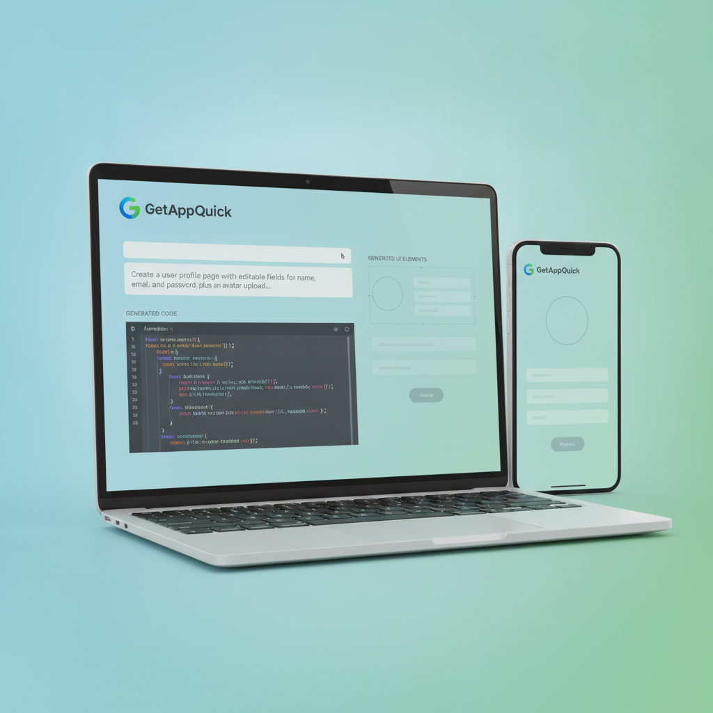 A screenshot of an intuitive, low-code/no-code app builder interface, showing a user typing a natural language description of an app feature and the platform generating UI elements and code in response. This interface should clearly be branded as GetAppQuick.