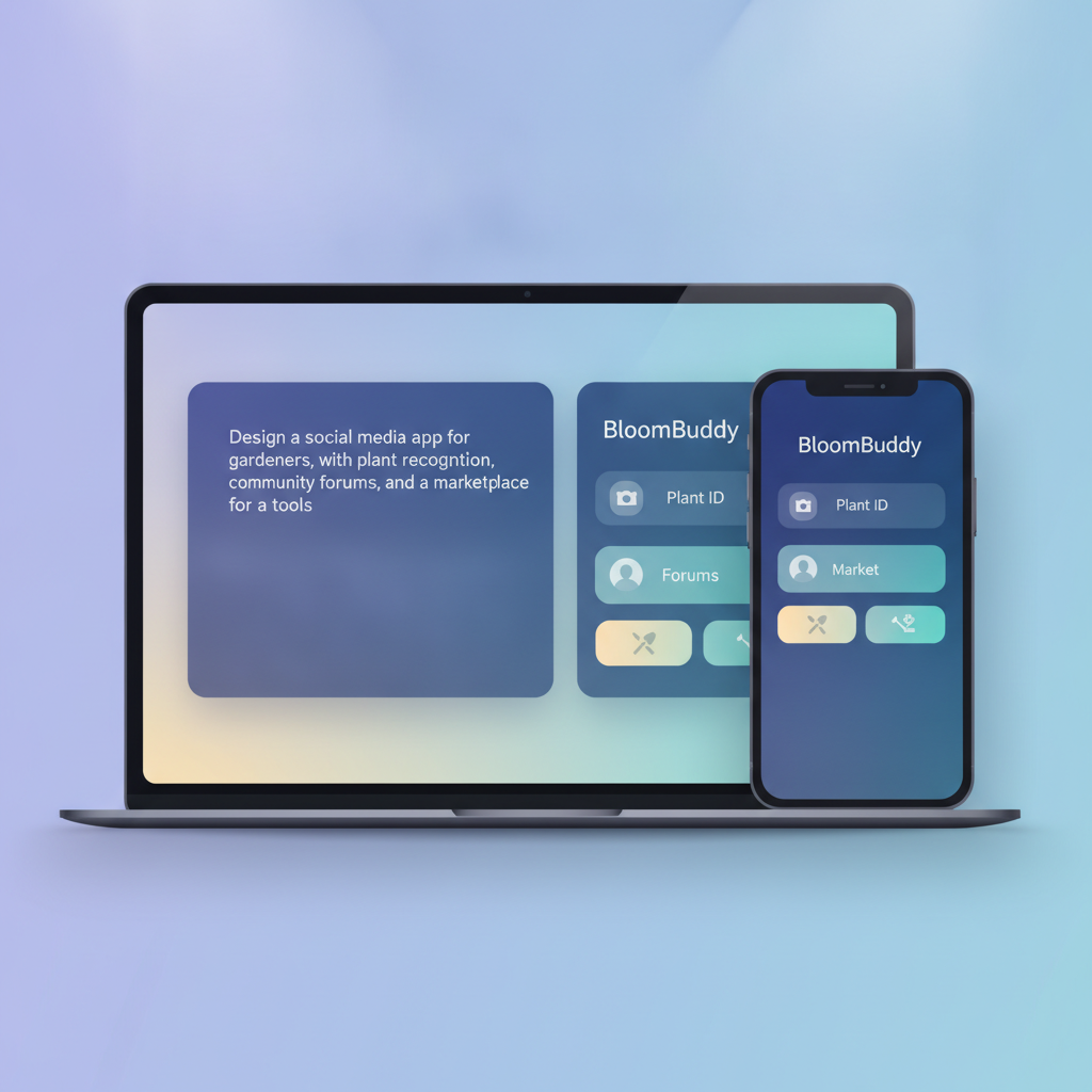 A user interface for an AI app builder, showing a text prompt area for describing desired app features and a preview pane displaying a dynamically generated app screen.