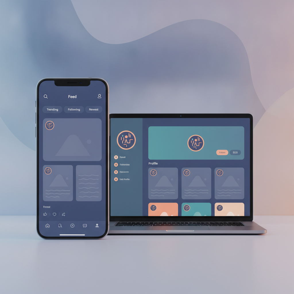 A mobile app interface for a community discussion forum, built using an AI app builder, showcasing user profiles, posts, and a simple navigation bar.