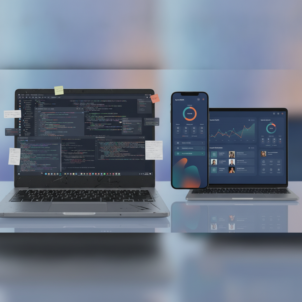 A side-by-side comparison of a messy local script vs. a professionally deployed dashboard interface with monitoring and team access.