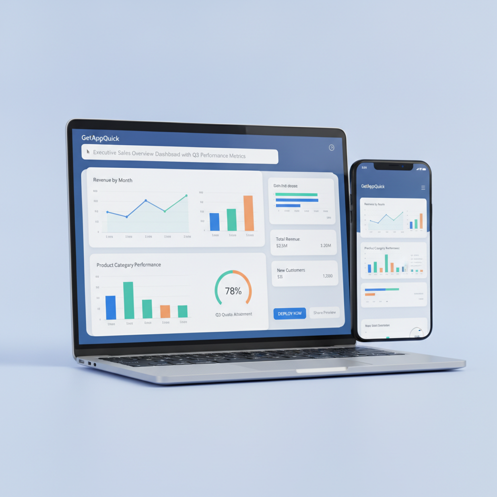 A GetAppQuick builder interface where a user types a dashboard idea and instantly sees a working dashboard preview with deployment options.