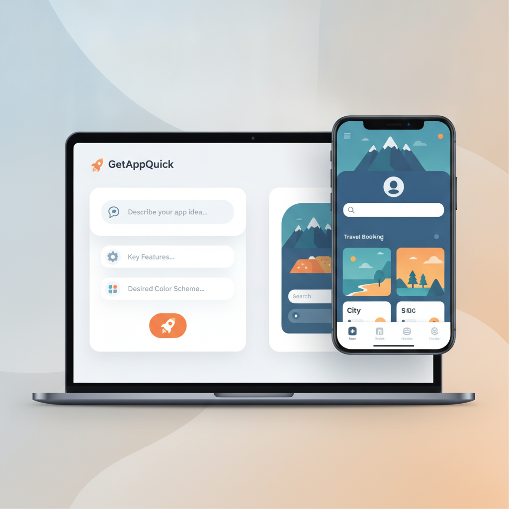 Screenshot of GetAppQuick’s app builder interface, showing a simple form for describing an app idea and a preview of a fully rendered page.