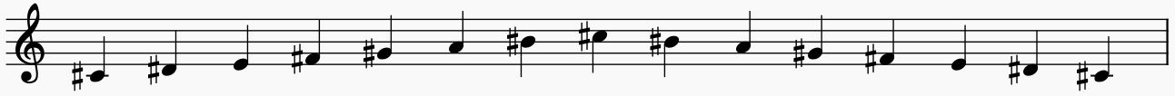 C sharp harmonic minor scale on the staff