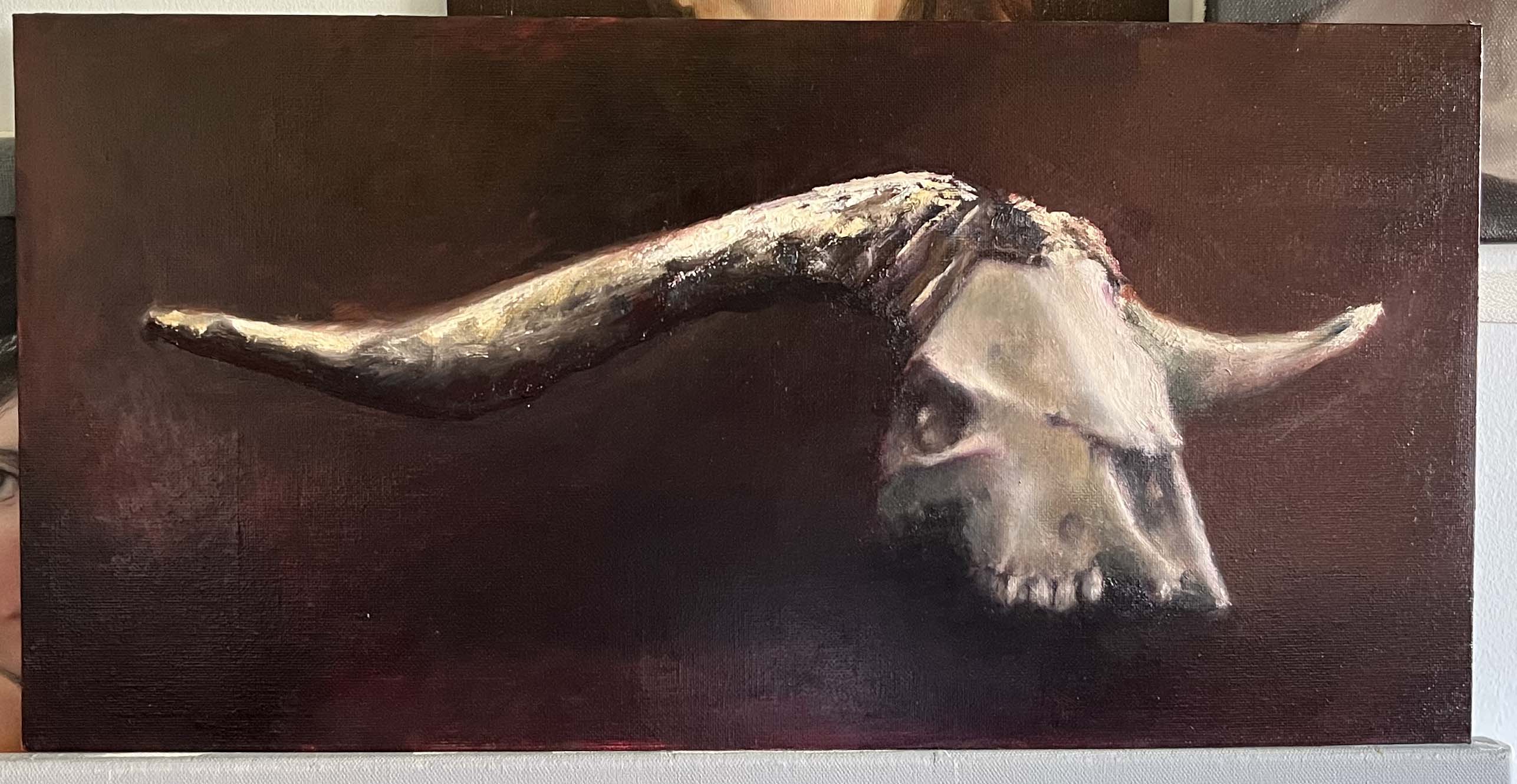 Hungry Ox - Oil on canvas board by Dylan Coppard, 2025, 10 x 19.5 inches, Nature