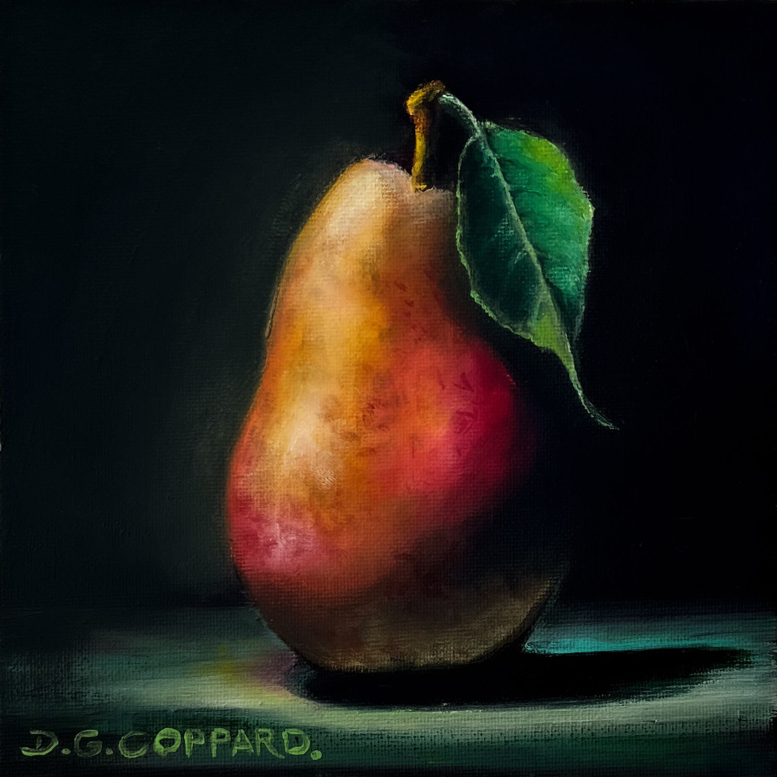 Pear Study - Oil on canvas board by Dylan Coppard, 2022, 8 x 8 inches, Still Life