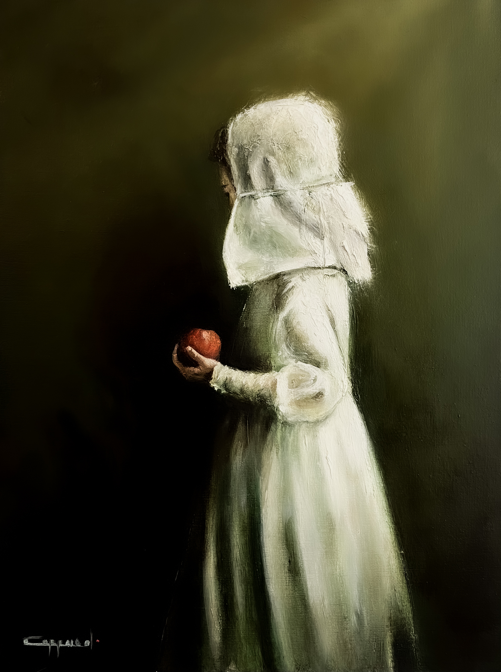 Little Red Apple - Oils on canvas board by Dylan Coppard, 2023, 16 x 12 inches, Portrait