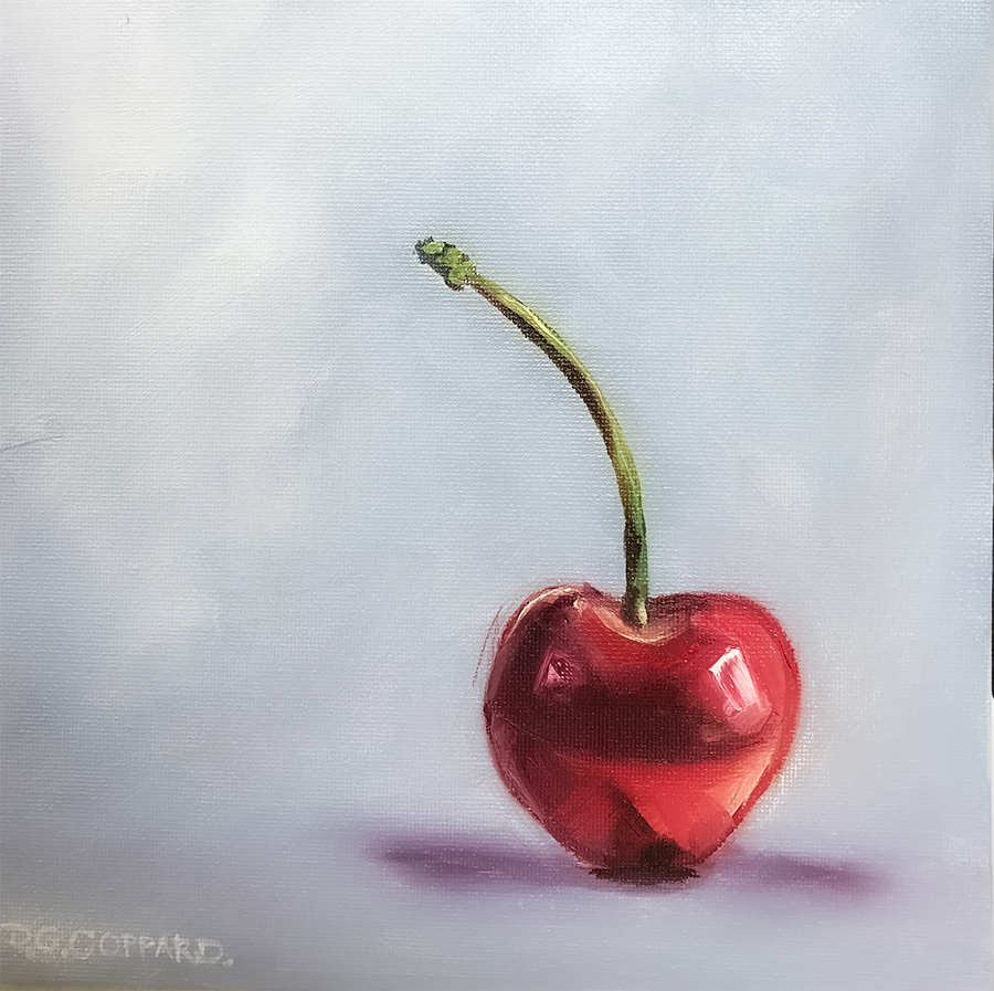 One Cherry - Oil on canvas board by Dylan Coppard, 2023, 8 x 8 inches, Still Life