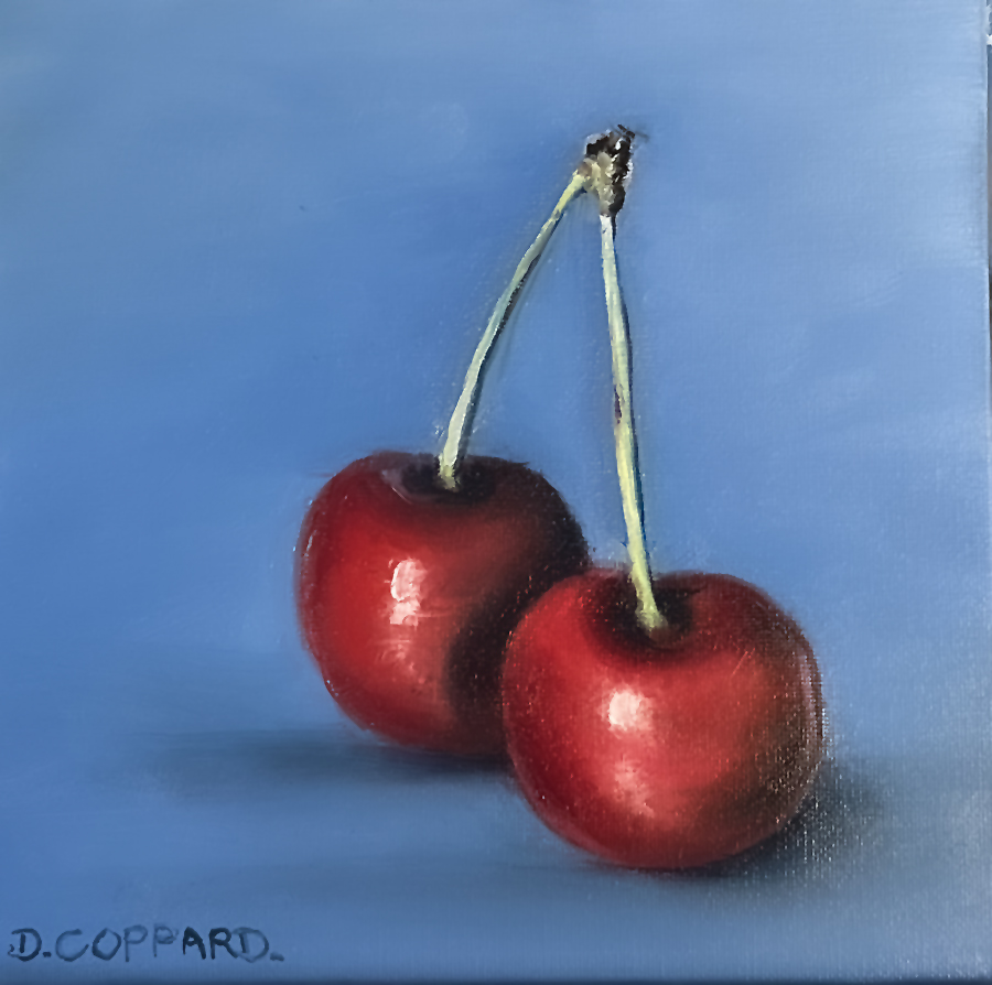 Two Cherries - Oil on canvas board by Dylan Coppard, 2023, 8 x 8 inches, Still Life