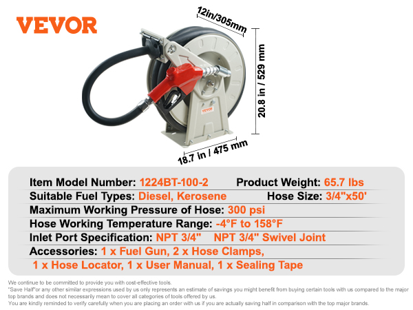VEVOR Fuel Hose Reel 100 FT 1224BT-100-5 Open Box detail photo 13