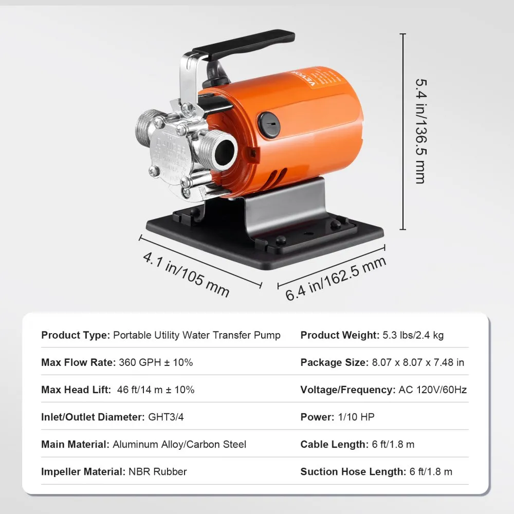 02935 VEVOR Portable Utility Pump 360 GPH 1/10 HP detail photo 7