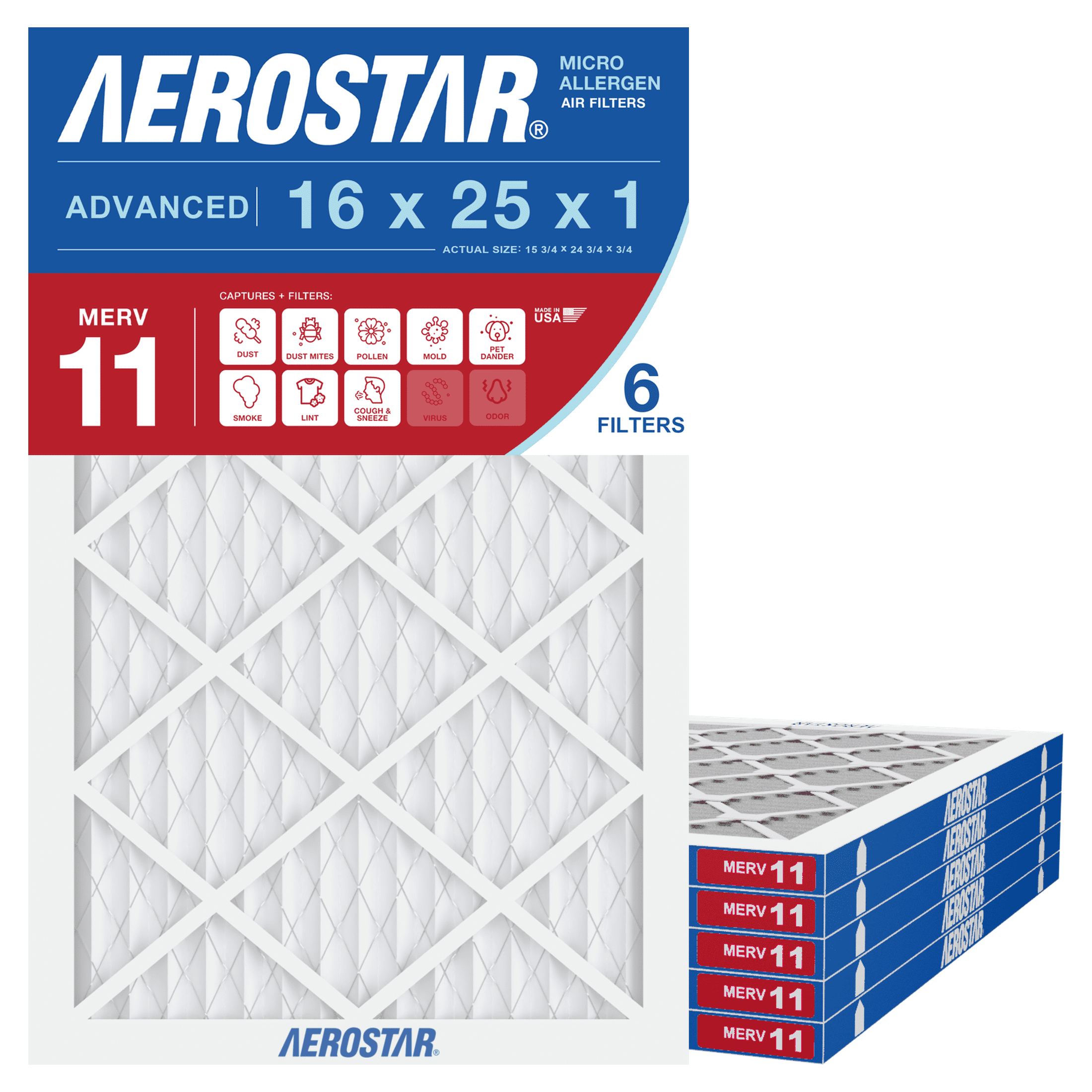 03466 Aerostar 16x25x1 MERV 11 Pleated Air Filter, stock photo — view 1