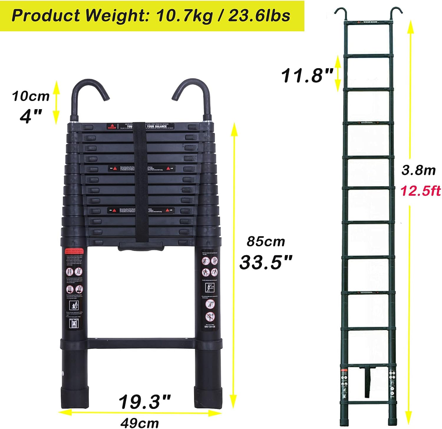 03140 3.8M Black Telescopic Ladder Model MF-TLA380 detail photo 2