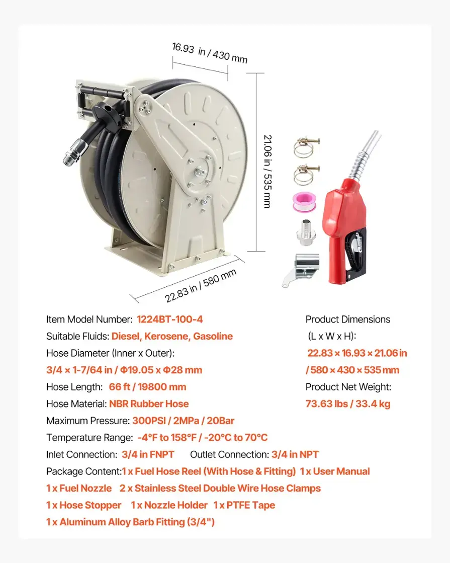 VEVOR Fuel Hose Reel 100 FT 1224BT-100-5 Open Box detail photo 14