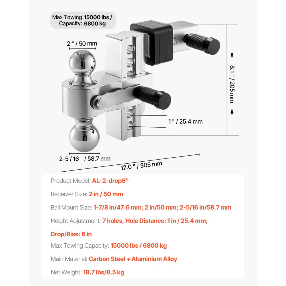 03016 VEVOR Ball Mount Hitch AL-2-drop6 2 Inch Rec detail photo 7