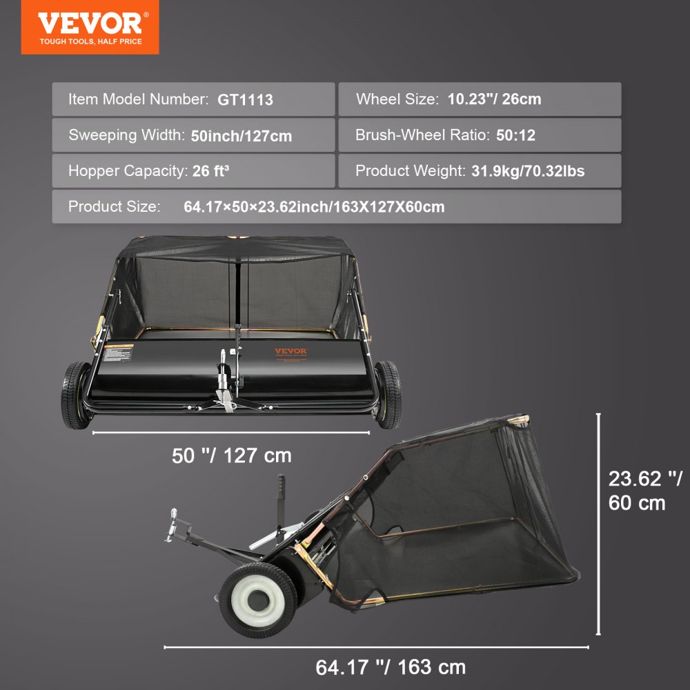 02639 VEVOR 50-Inch Tow-Behind Lawn Sweeper — AS-I detail photo 7