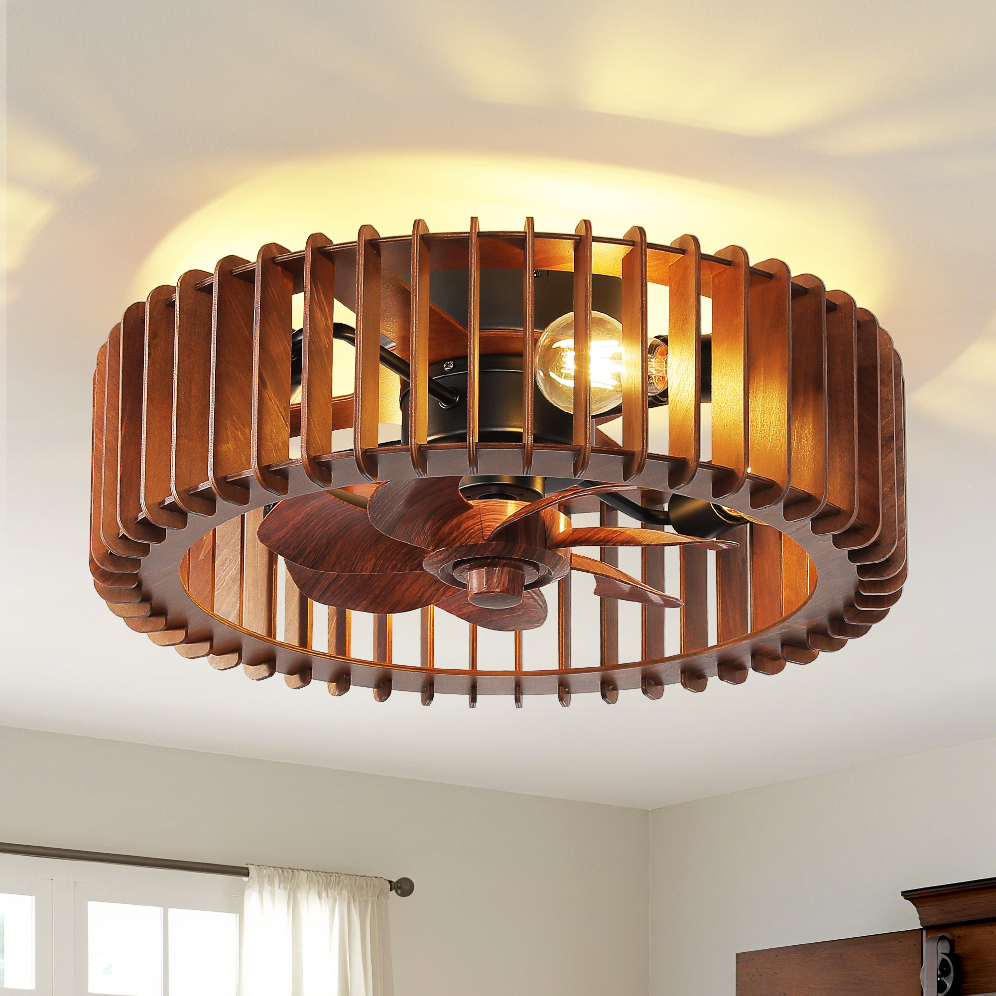 03494 Caged Ceiling Fan With Light And Remote Wood, stock photo — view 1