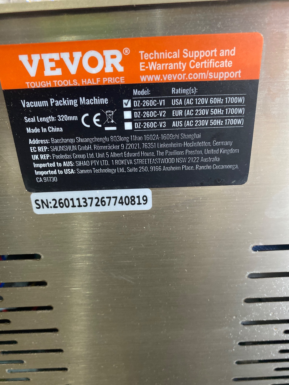 VEVOR DZ-260C-V1 Commercial Chamber Vacuum Sealer 320mm Seal Bar 120V detail photo 4