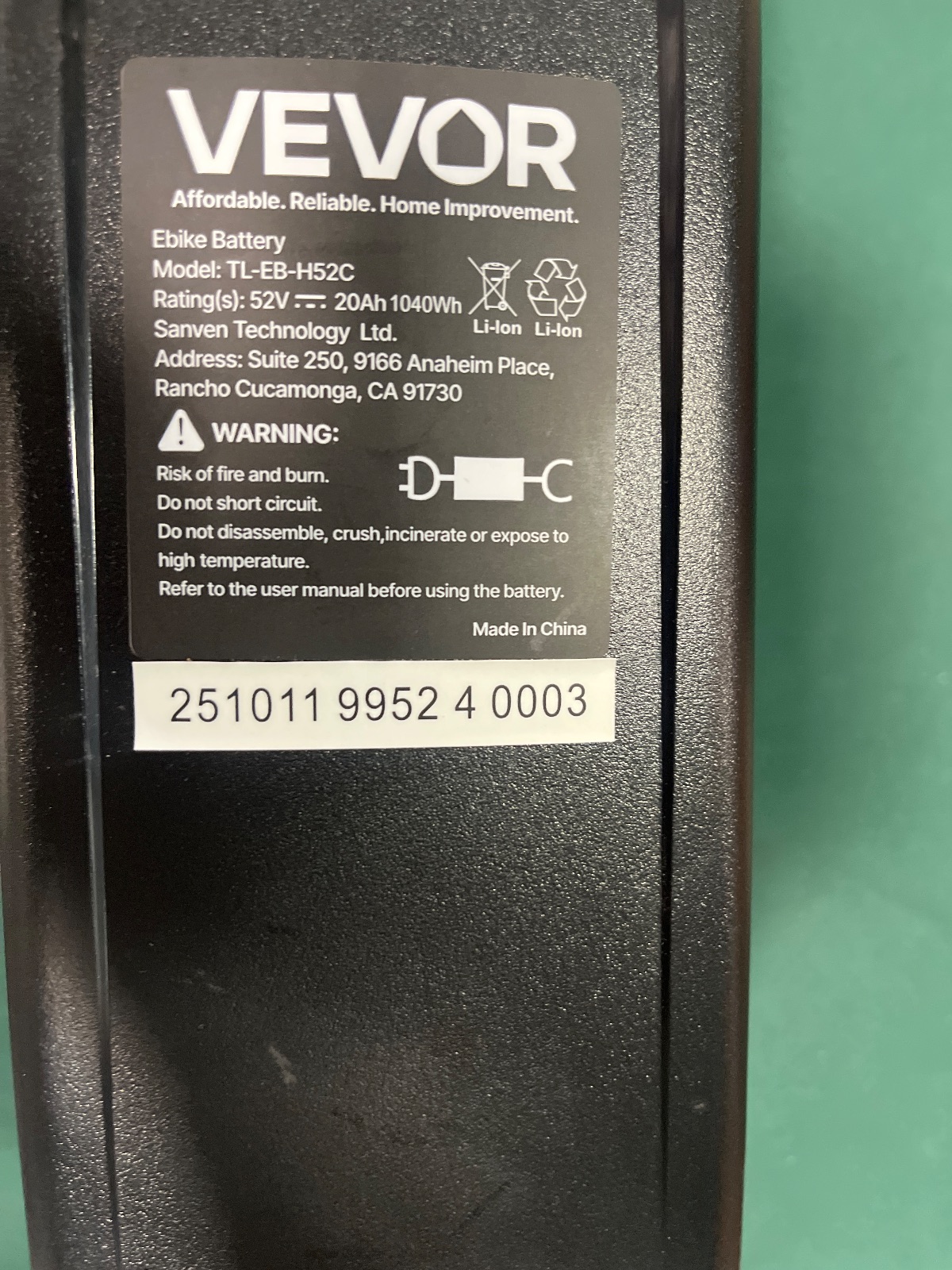 VEVOR Ebike Battery 52V 20Ah 1040Wh Lithium-ion Battery Pack TL-EB-H52C detail photo 7