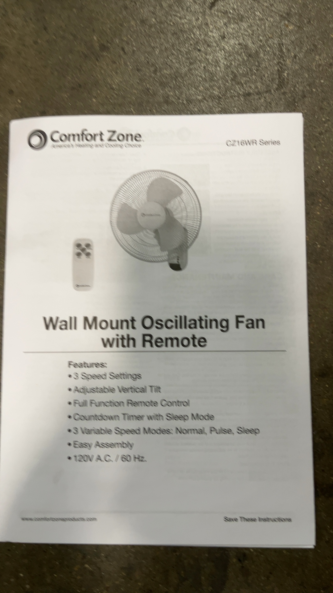 Comfort Zone CZ16WR Series Wall Mount Oscillating Fan with Remote Control detail photo 2
