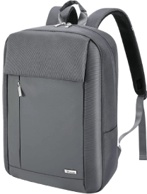 Grey backpack with front pocket and padded straps.