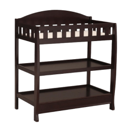 Dark wood changing table with two shelves.