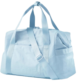 Light blue duffel bag with shoulder strap.