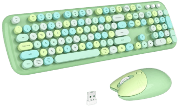 Green and yellow retro-style keyboard and mouse set.