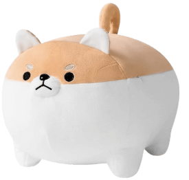 Plush toy of a round dog with tan and white fur.