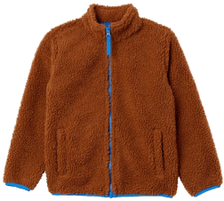 Brown fleece jacket with blue zipper.