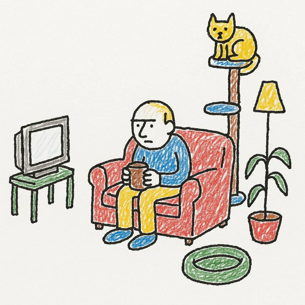 A person watches TV in a living room while a cat perches on the very top of a tall cat tree.
