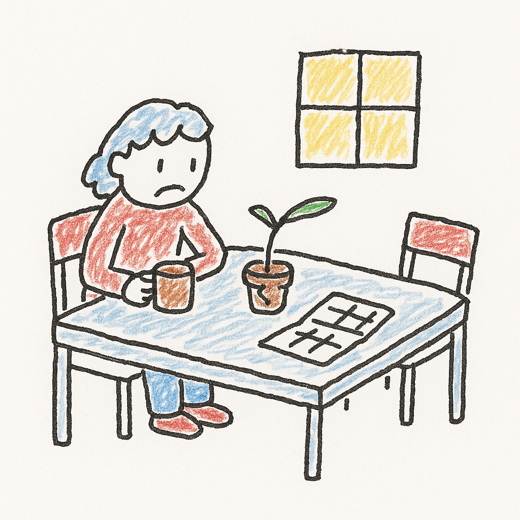 A person at a kitchen table looks at a small plant with one unexpectedly long new leaf beside a blank open planner.