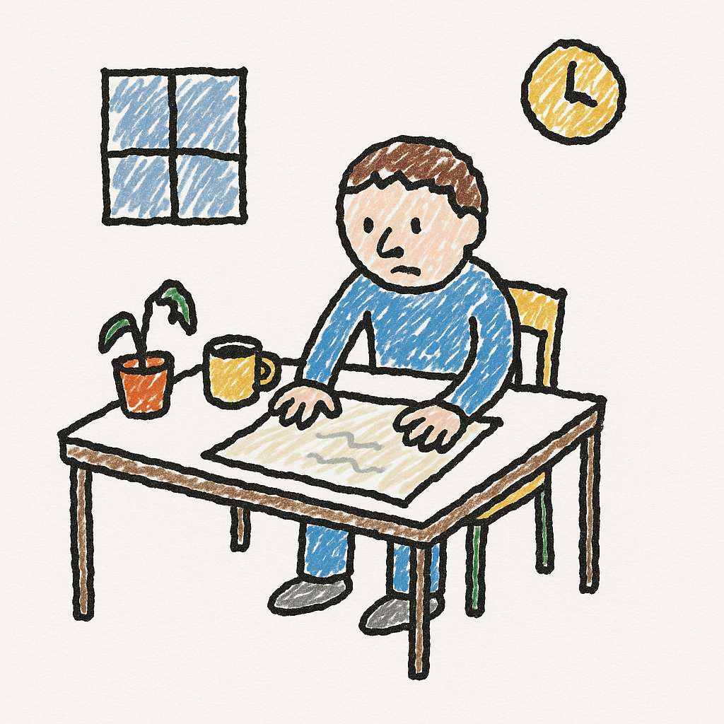 A tired person at a kitchen table presses down on a curling sheet of paper beside a coffee mug and drooping plant.