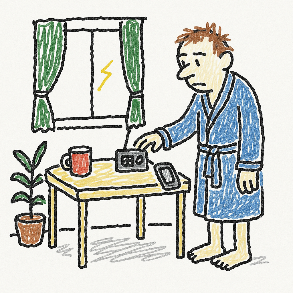 A person in a kitchen stands beside a mug and phone, listening to the radio in a quiet room.