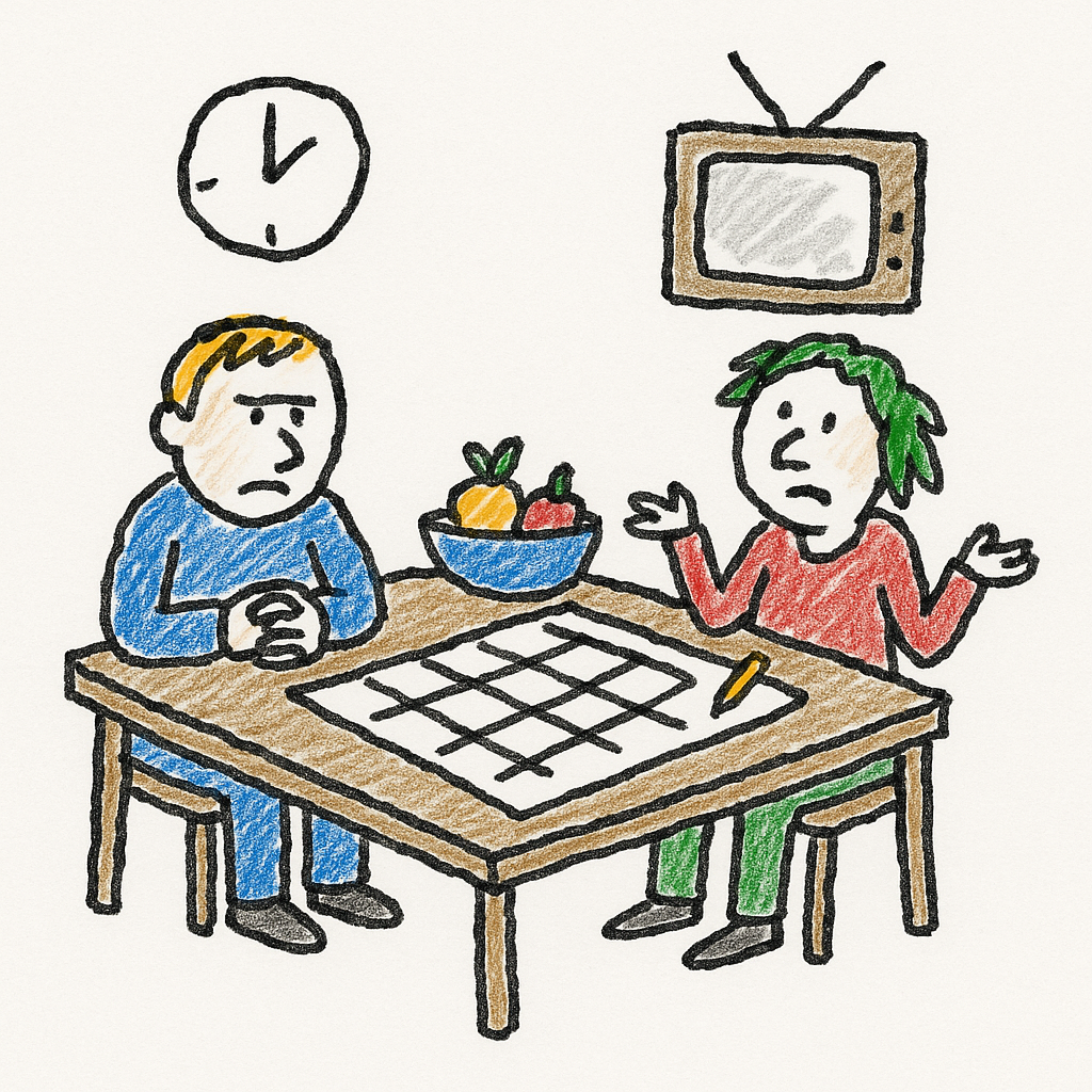 Two doodled people sit at a kitchen table staring at a blank calendar, with a crooked clock and a small TV in the background.