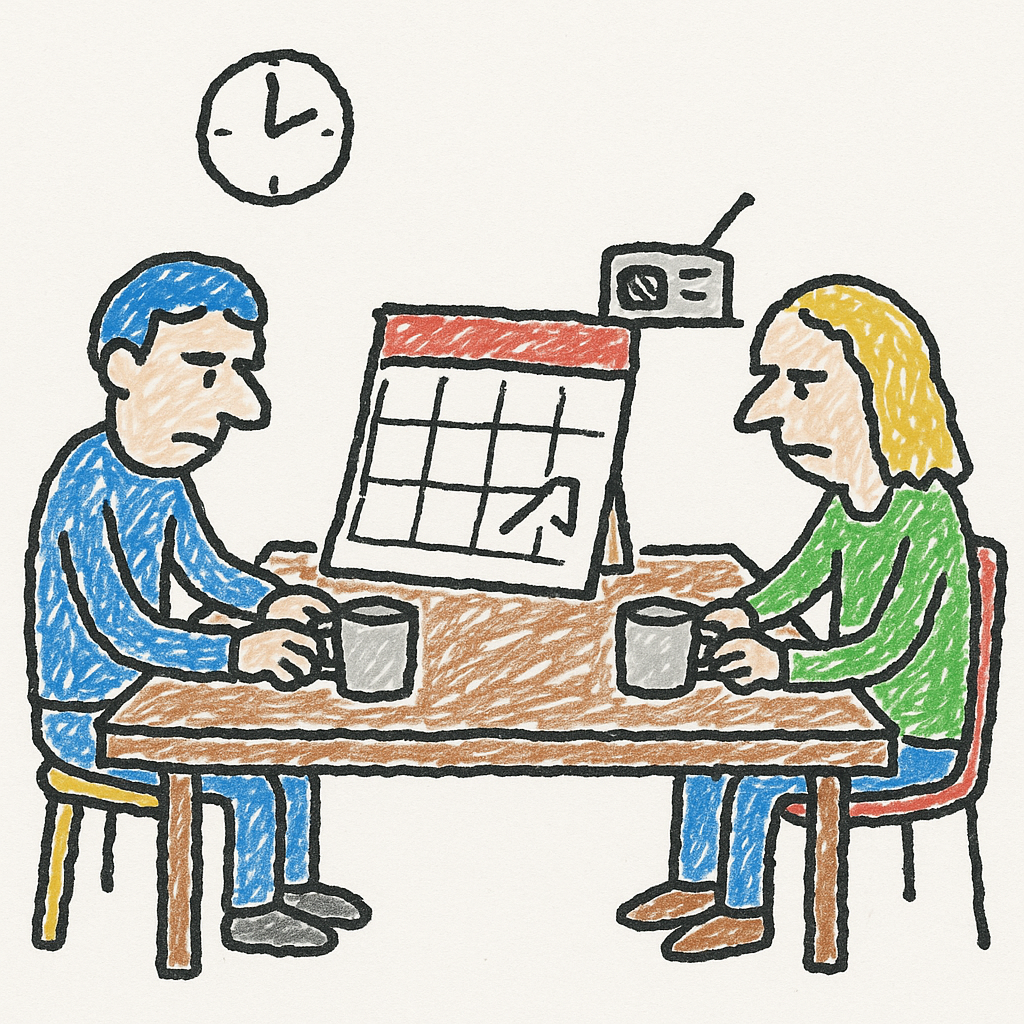 Two people sit at a kitchen table staring at coffee cups beside a blank calendar page and crooked clock.