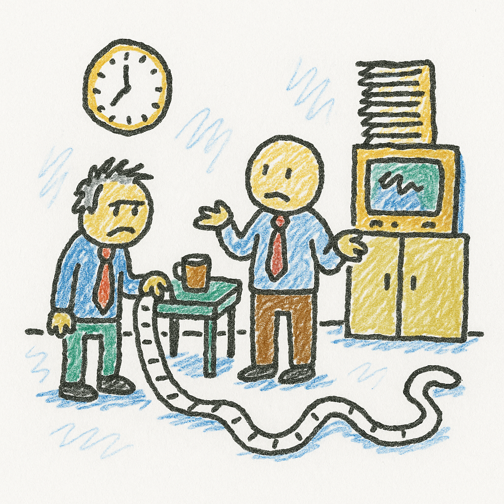 Two office workers in a break room look at a long curling receipt on the floor while a small TV sits in the background.