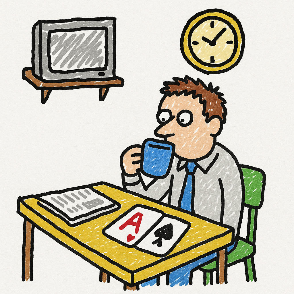 A person at a kitchen table stares at a coffee cup, newspaper, and two playing cards while a TV sits in the background.