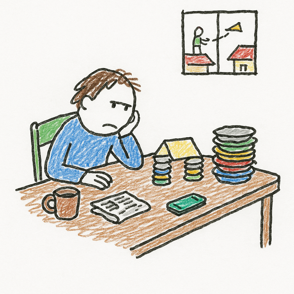 A tired person sits at a kitchen table staring at a sagging paper bridge while tiny distant figures toss paper airplanes between rooftops.