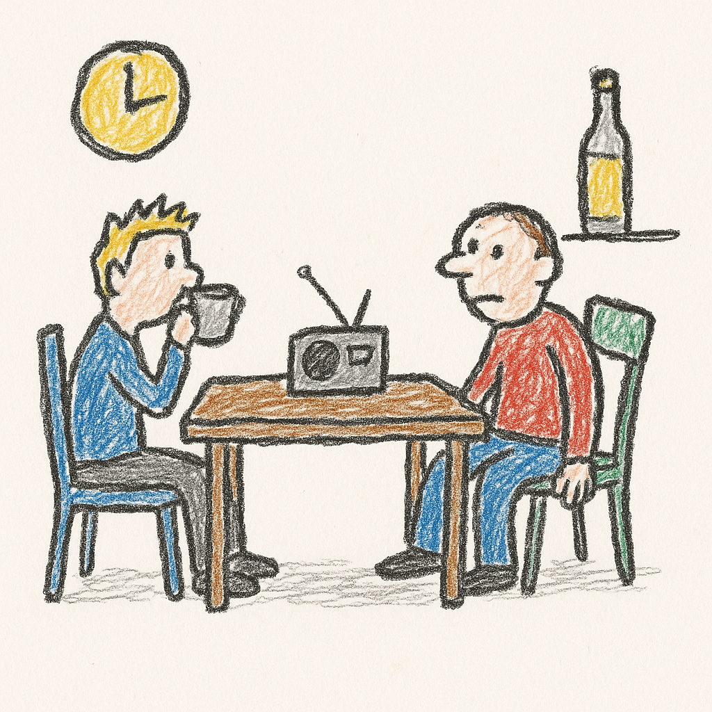 Two people sit at a kitchen table listening to a radio, with a clock on the wall and a bottle of cooking oil nearby.