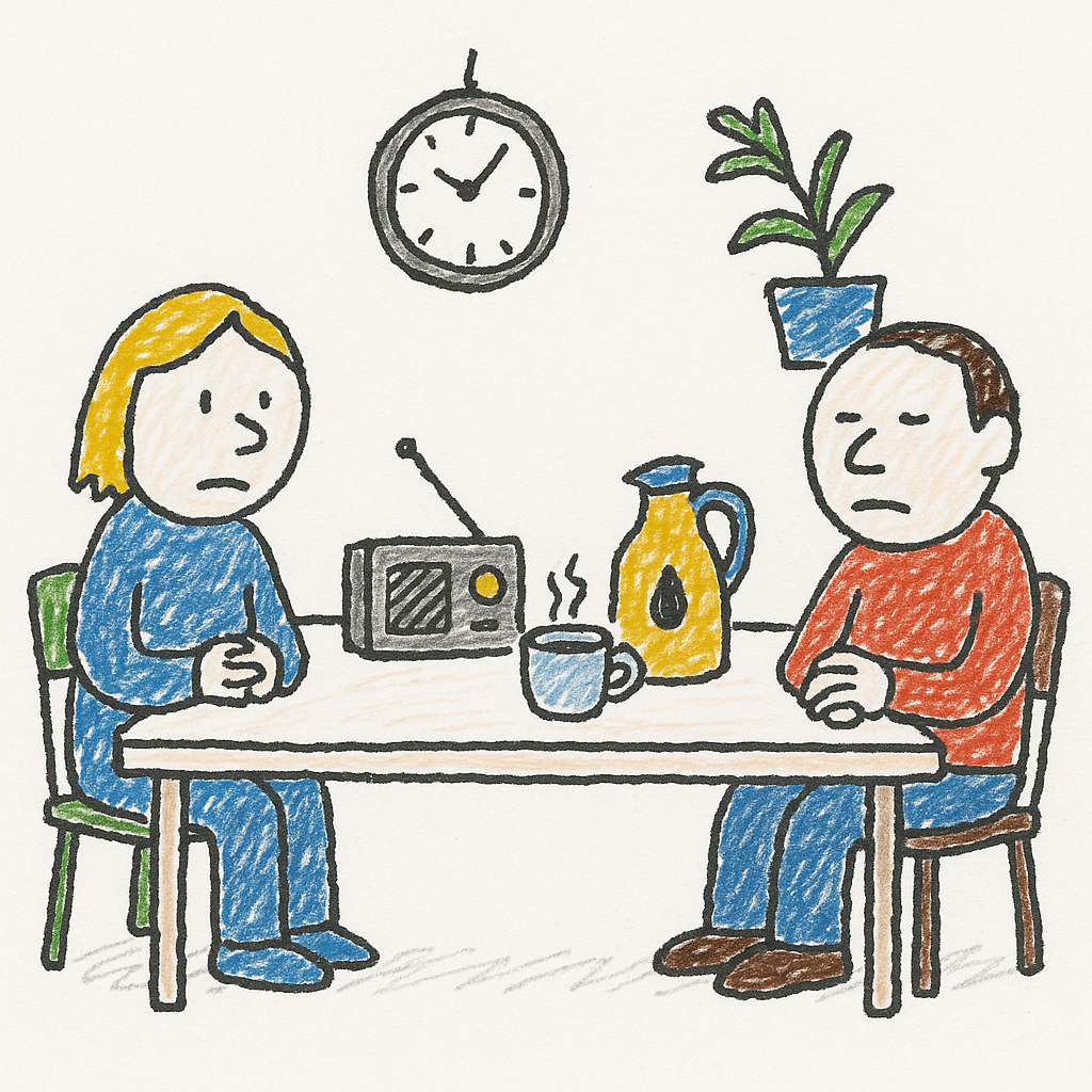 Two people sit at a kitchen table staring at a radio, with a coffee cup, an oil can, and a crooked wall clock.