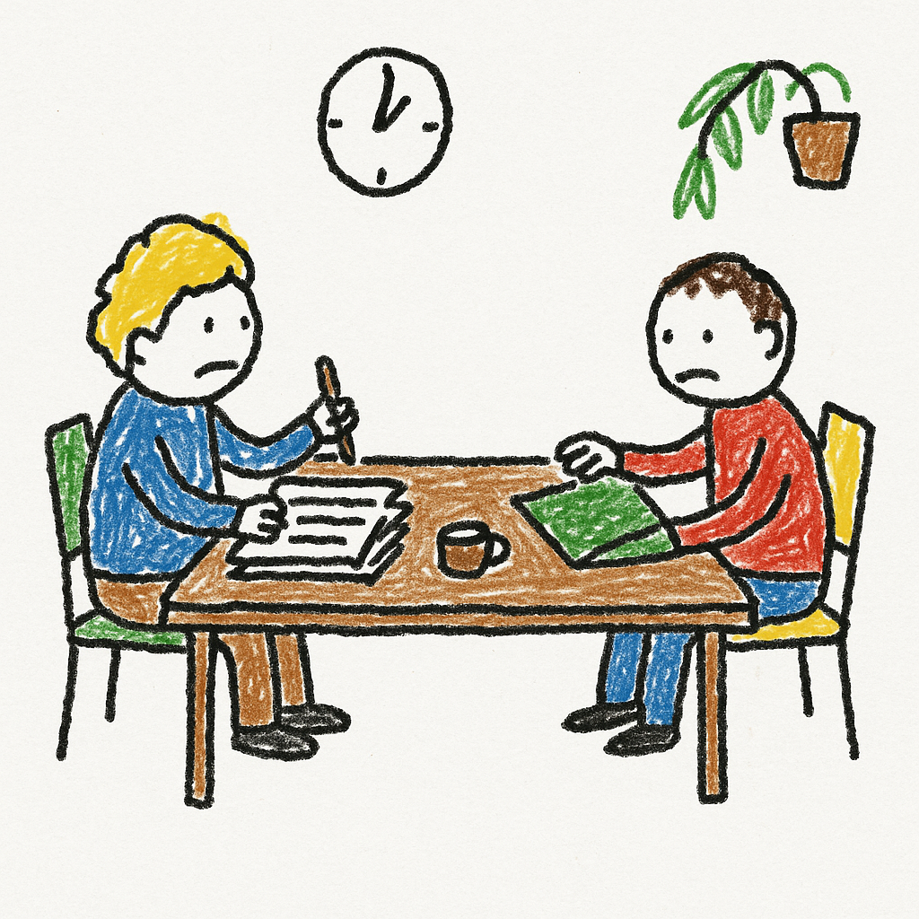 Two people sit at a kitchen table with papers between them, pausing before signing anything.